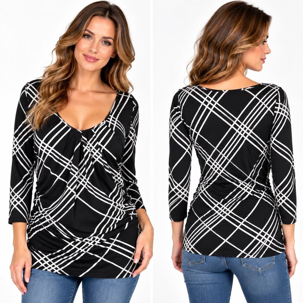 New York & Company Black White Plaid V Neck Long Sleeve Blouse Womens Medium